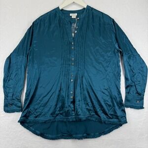 Sundance Silk Pintuck Button Front Shirt Teal Size Medium Long Sleeve Fringe
